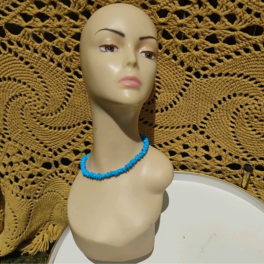 Vintage Blue Puka Shell Chip Necklace 16" Hawaiian Choker Barrel Clasp Surfer